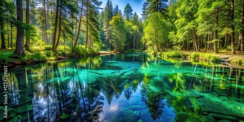 Forest Glade with Crystal Pool Reflections, crystal waters, forest ecosystem