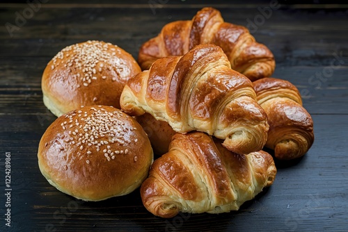 a fresh croissant and a few buns isolated on a dark wooden background