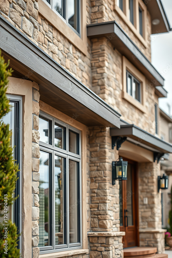 Luxury Stone House Exterior: Modern Architecture and Design. High-end Real Estate, Residential Property with Stunning Facade and Large Windows. Luxury Stone House Exterior: Modern Architecture and Design. High-end Real Estate, Residential Property with Stunning Facade and Large Windows.