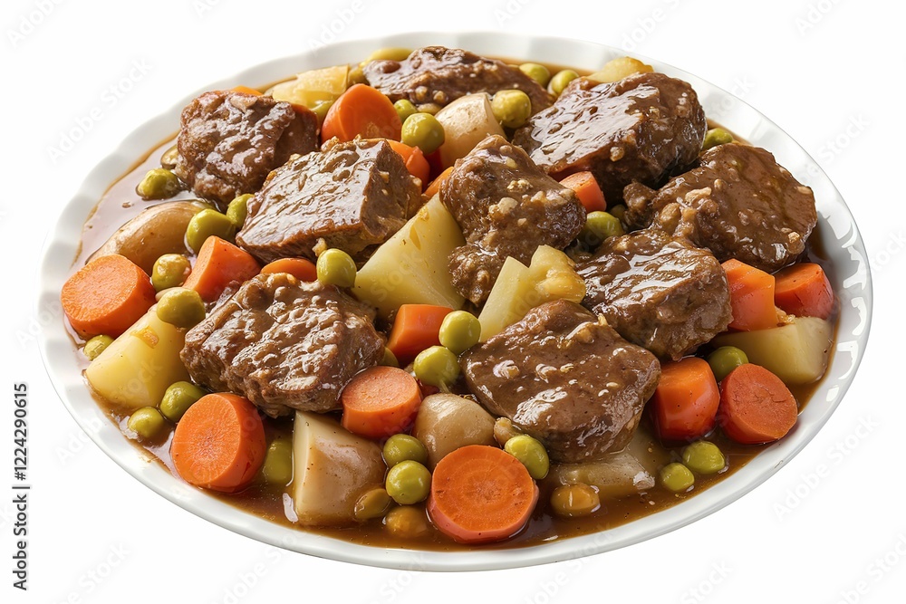 a plate with a appetizing dish of beef chunks with vegetable stew