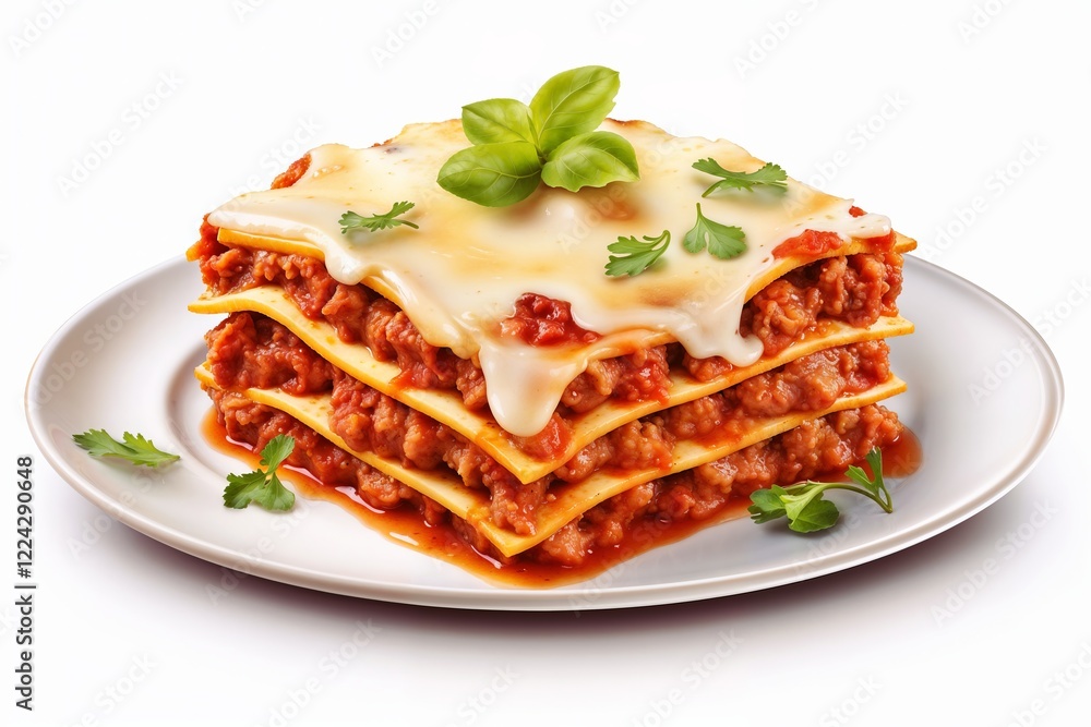 Plate of lasagna with layers of pasta, meat sauce, cheese, topped with basil, parsley leaves. Italian tradition. Savoring every bite. Restaurant menu, Italian cuisine promotions, food recipe books.
Plate of lasagna with layers of pasta, meat sauce, cheese, topped with basil, parsley leaves. Italian tradition. Savoring every bite. Restaurant menu, Italian cuisine promotions, food recipe books.