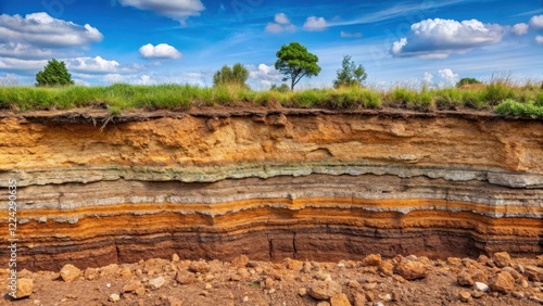 Deep earth soil layer cutaway revealing layers of sedimentary rock and ancient fossils