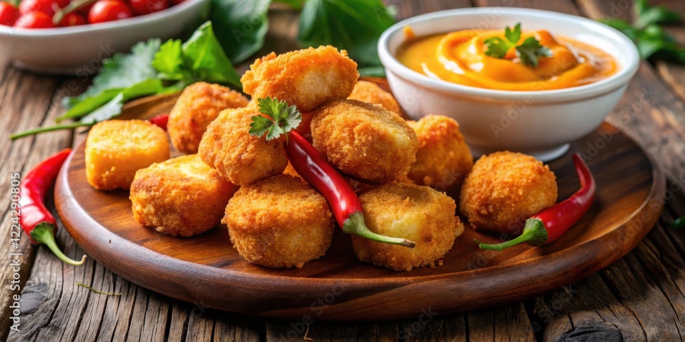 Fried Chili Cheese Nuggets in Spicy Sauce, cheesy food, golden brown, cheesy food Fried Chili Cheese Nuggets in Spicy Sauce, cheesy food, golden brown, cheesy food
