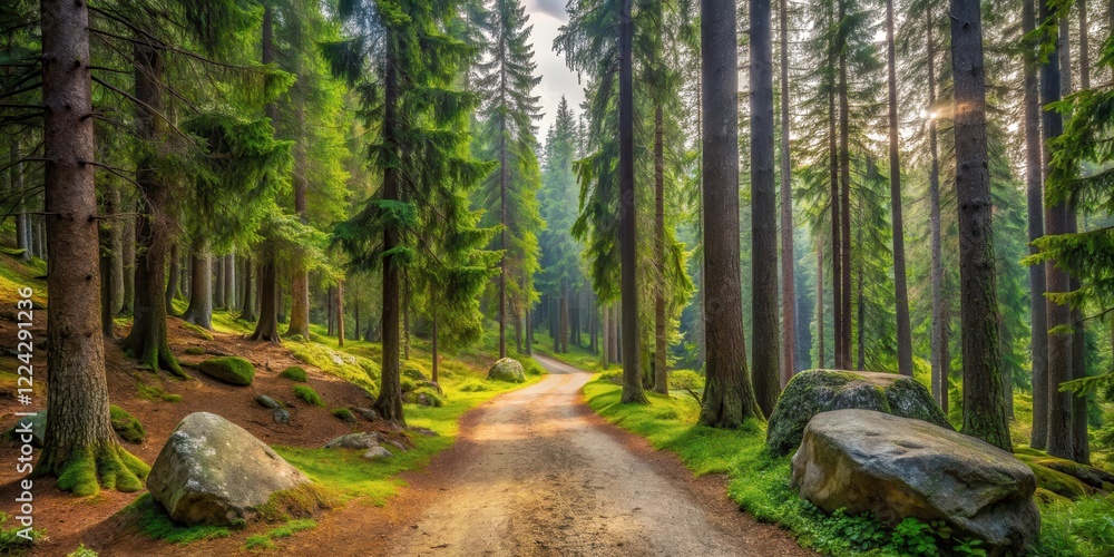 A winding dirt path meanders through a dense forest of fir trees and giant rocks in the background, creating an atmosphere of serenity and tranquility , landscape, trees A winding dirt path meanders through a dense forest of fir trees and giant rocks in the background, creating an atmosphere of serenity and tranquility , landscape, trees