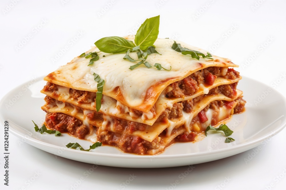 Lasagna with meat sauce, cheese, basil served on a white plate. Italian cuisine, homemade comfort food, restaurant menu, culinary photography. Savoring. Homemade indulgence. togetherness. Lasagna with meat sauce, cheese, basil served on a white plate. Italian cuisine, homemade comfort food, restaurant menu, culinary photography. Savoring. Homemade indulgence. togetherness.