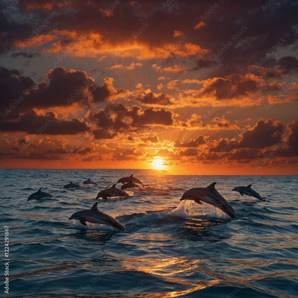 Fototapeta premium A pod of dolphins silhouetted against a fiery sunset over the ocean.