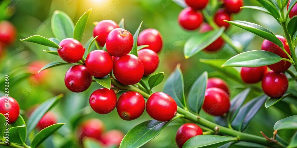 Close-up of Ruscus aculeatus sprouts with red berries growing on the stem in a lush green environment, surrounded by other foliage , botanical, plant details Close-up of Ruscus aculeatus sprouts with red berries growing on the stem in a lush green environment, surrounded by other foliage , botanical, plant details