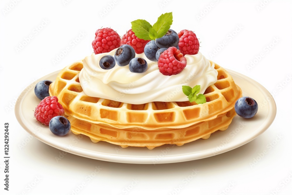 Belgian Waffles with Whipped Cream, Berries, Mint Garnish. Gourmet waffles with berries, cream, breakfast luxury.Delight. Indulgence. Sweet Breakfast Bliss. Belgian Waffles with Whipped Cream, Berries, Mint Garnish. Gourmet waffles with berries, cream, breakfast luxury.Delight. Indulgence. Sweet Breakfast Bliss.