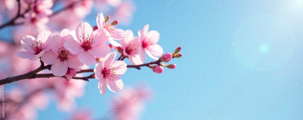 Softly glowing cherry blossoms against blue sky, branch, serene landscape Softly glowing cherry blossoms against blue sky, branch, serene landscape