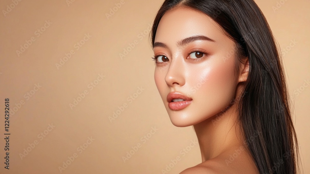 In a serene setting with a warm neutral backdrop, the Asian model exudes confidence and grace. Her long straight hair frames her face, highlighting her stunning features and radiant skin In a serene setting with a warm neutral backdrop, the Asian model exudes confidence and grace. Her long straight hair frames her face, highlighting her stunning features and radiant skin