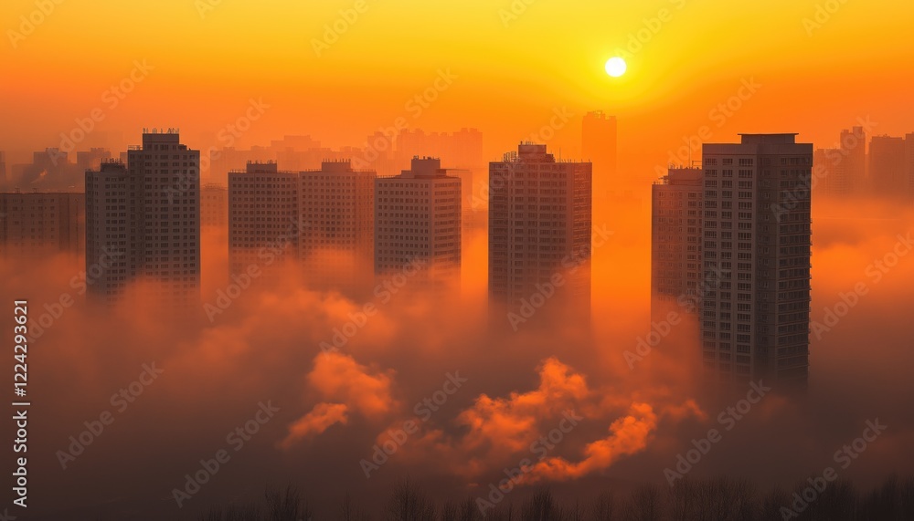 Fototapeta premium Polluted Air Over City Buildings at Sunset in Dense Orange Haze
