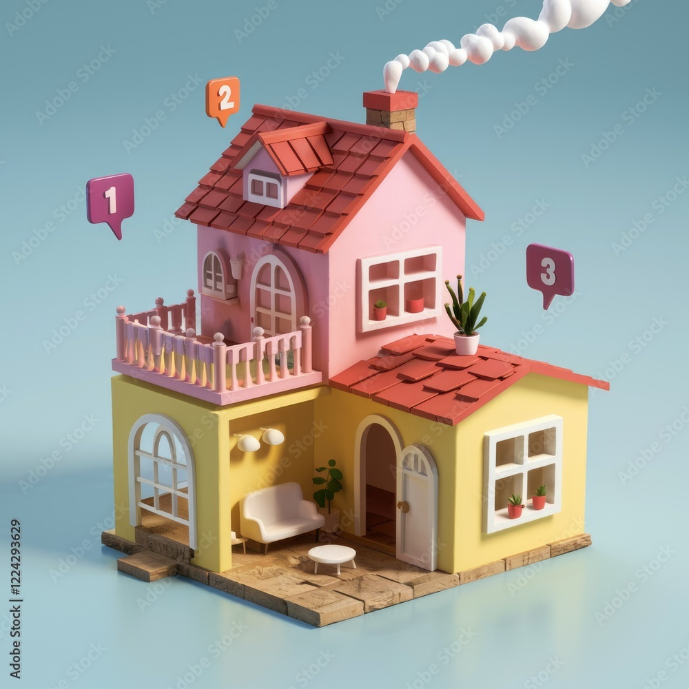 A cute 3D cartoon house with a balcony, a couch and plants. A cute 3D cartoon house with a balcony, a couch and plants.