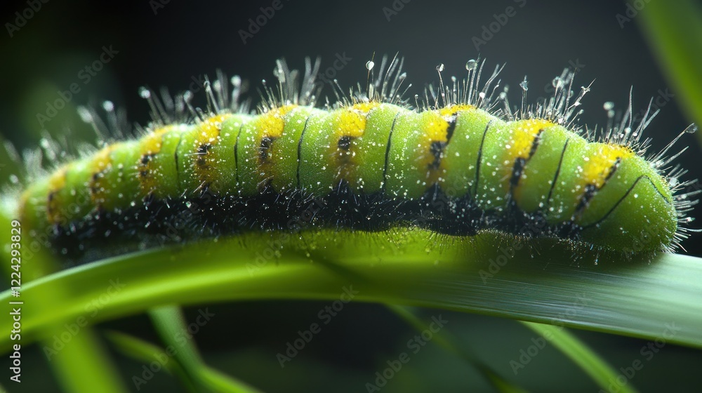 Naklejka premium Green hairy caterpillar crawling on blade, dew, macro, nature