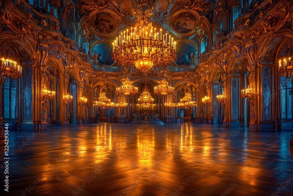 Obraz premium elegant ballroom in a grand palace, showcasing a golden theme with shimmering lights and luxurious decor, creating a breathtaking scene of opulence