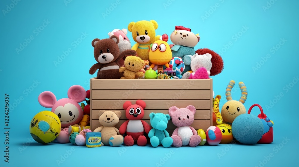 An organized toy box filled to the brim with kid's toys. An organized toy box filled to the brim with kid's toys.