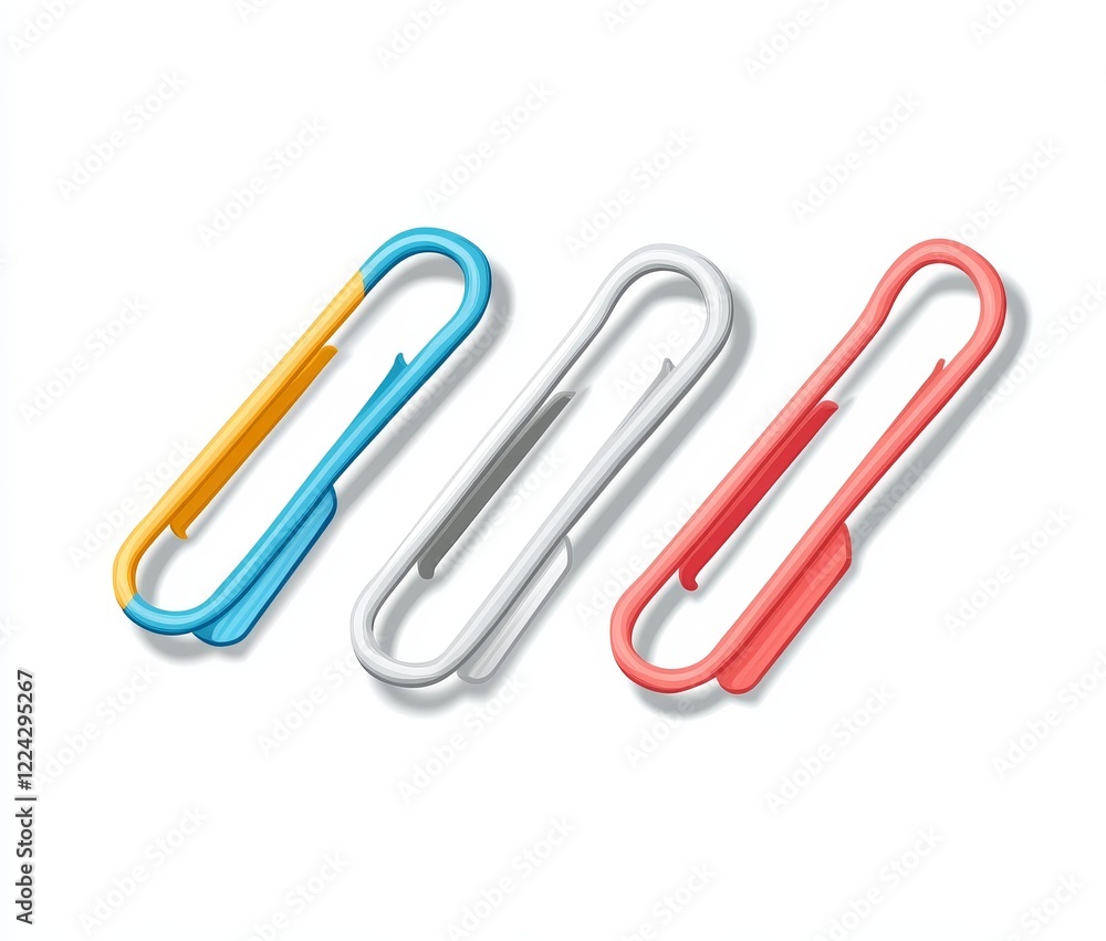 Three colorful paperclips, blue, silver, red, angled, isolated on white. Three colorful paperclips, blue, silver, red, angled, isolated on white.