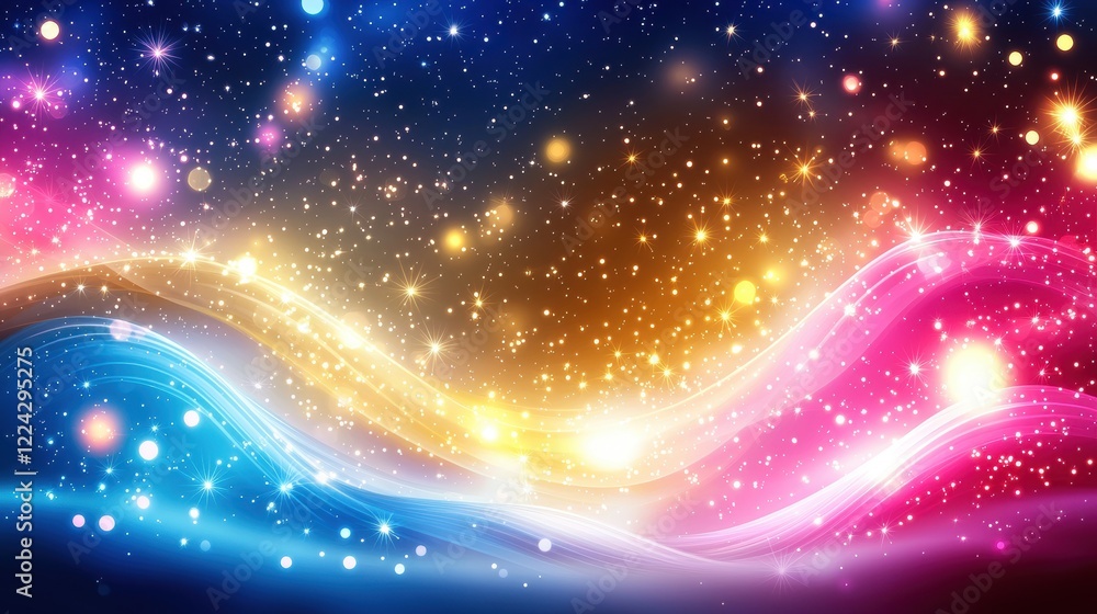 Obraz premium A celestial-inspired background with flowing light waves in radiant shades of pink, blue, and gold cascading over a misty, dreamlike terrain, surrounded by twinkling stars in a dark sky 