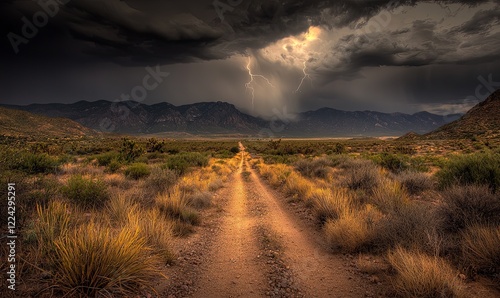 Dirt road through desert landscape with lightning storm over mountains