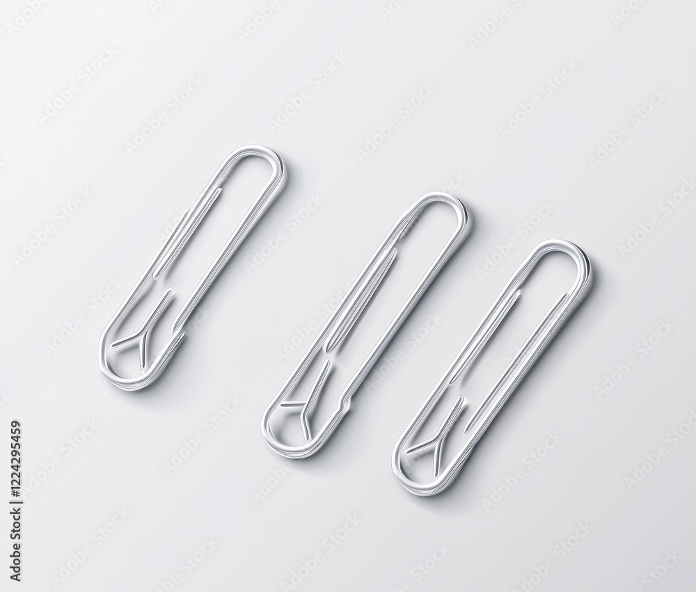 Three metallic paper clips on white background. Three metallic paper clips on white background.