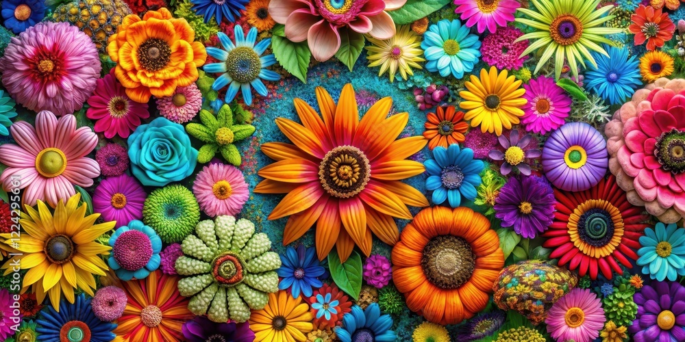 Colorful, vibrant flower patterns with a groovy hippie style, featuring floral arrangements in a psychedelic mix of colors and textures , psychedelic colors, natural elements Colorful, vibrant flower patterns with a groovy hippie style, featuring floral arrangements in a psychedelic mix of colors and textures , psychedelic colors, natural elements