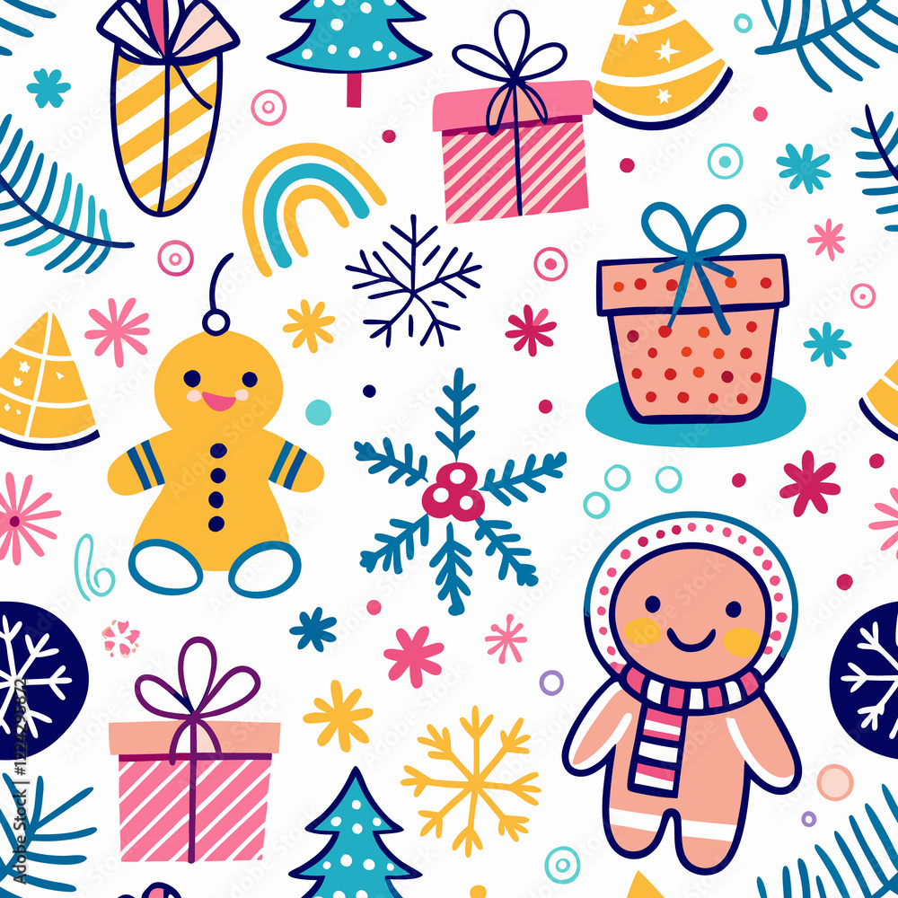 Obraz premium Festive Christmas seamless pattern with gingerbread men, gifts, and winter elements.