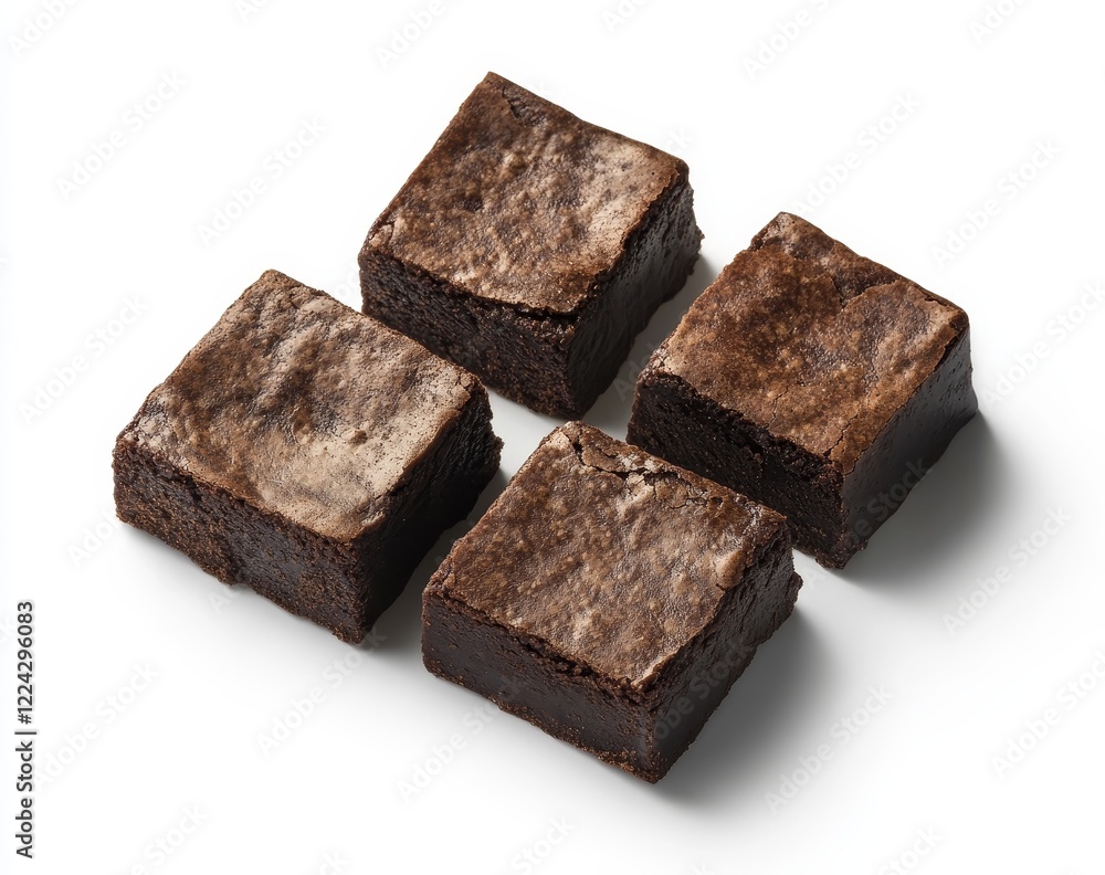 Four delicious chocolate brownies arranged on a white background. (1) Four delicious chocolate brownies arranged on a white background. (1)