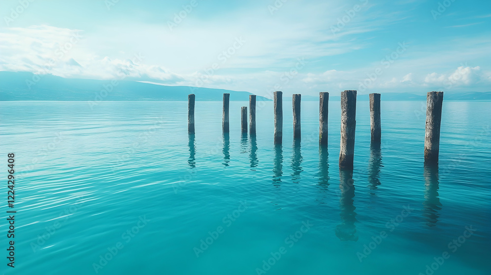 Tranquil Seascape with Wooden Poles in Calm Blue Water