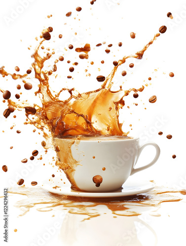 Dynamic Coffee Splash with Beans and White Cup on Clean White Background : Generative AI