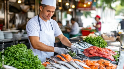 Chef Preparing Fresh Seafood at Market Stall with Various Fish and Green Garnishes Surrounded by Customers photo