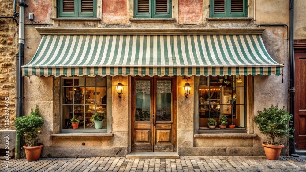 Old European shop facade with striped awning and vintage storefront decoration, old building, antique details