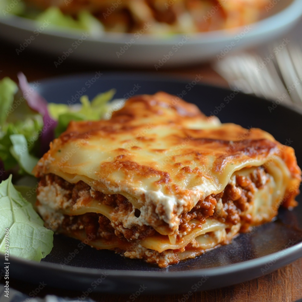 classic Italian lasagne with rich Bolognese sauce, fresh mozzarella, and béchamel, garnished with fresh basil leaves on a wooden table classic Italian lasagne with rich Bolognese sauce, fresh mozzarella, and béchamel, garnished with fresh basil leaves on a wooden table