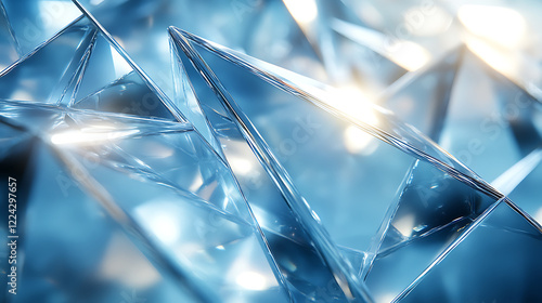 Abstract blue glass background with smooth, reflective surfaces and light refractions

