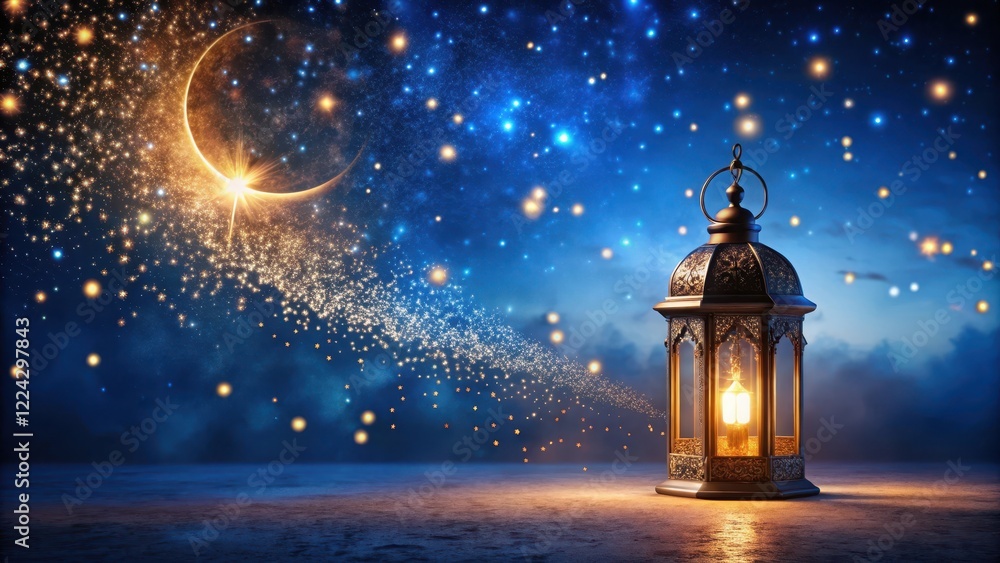 Glittering lamp filled with magic sparks surrounded by twinkling stars and a crescent moon in a dark blue night sky, celestial wonder, glittering stars Glittering lamp filled with magic sparks surrounded by twinkling stars and a crescent moon in a dark blue night sky, celestial wonder, glittering stars