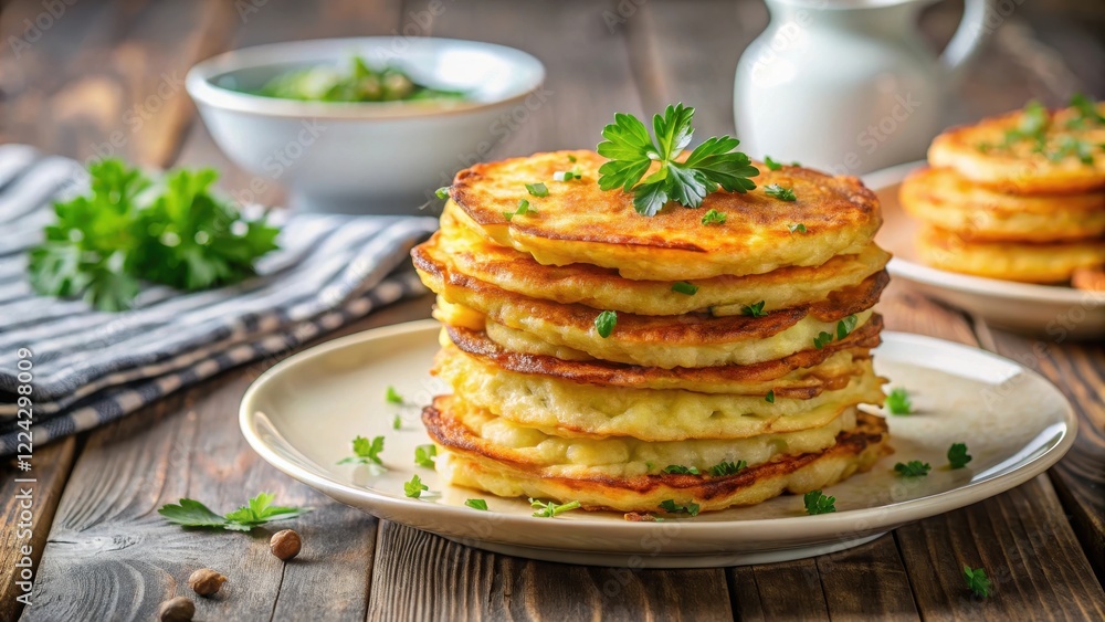 Traditional Polish potato pancakes arranged in a stack on a plate, breakfast or brunch option , comfort food Traditional Polish potato pancakes arranged in a stack on a plate, breakfast or brunch option , comfort food