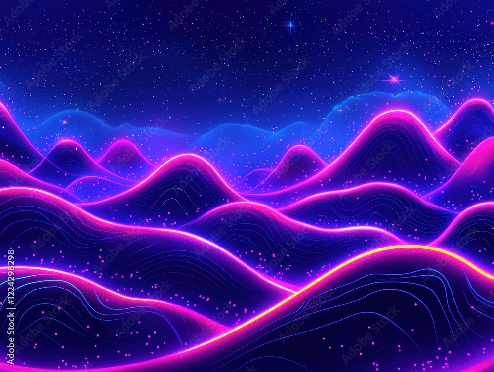 Fototapeta premium A futuristic horizon featuring radiant waves of light cascading over misty hills, with soft neon colors blending into the dark blue sky filled with faint stars and glowing particles, creating 