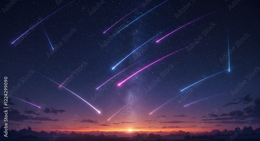 Naklejka premium Stunning Night Sky with Shooting Stars and Sunset Landscape