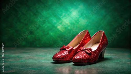 Dainty ruby red slippers standing upright on an emerald green background, with intricate details and a subtle sheen, as if ready for a magical journey , red shoes, fantasy