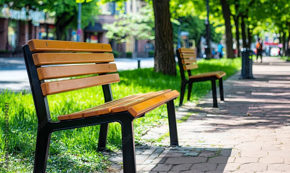 Empty benches on a sunny city sidewalk with green grass and blurred pedestrians in background Empty benches on a sunny city sidewalk with green grass and blurred pedestrians in background