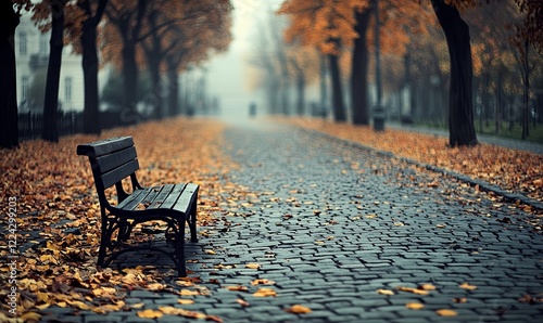 Empty bench on a cobblestone path in a misty autumn park
