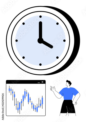 Large clock, stock market graph, and pointing man. Ideal for time management, stock market analysis, business strategy, financial planning, productivity investment strategies presentations. Line photo