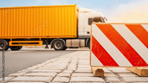 A construction barrier with red and white stripes on a city street, with a blurred yellow truck in the background under a clear sky. photo