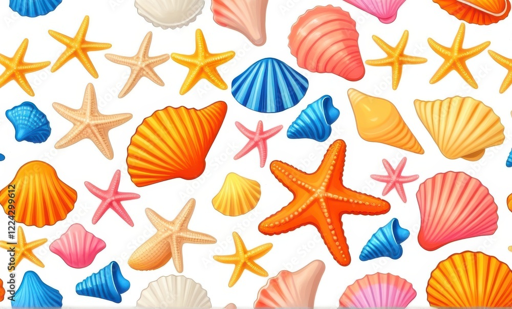 Colorful Seashell and Starfish Seamless Pattern on White Background Colorful Seashell and Starfish Seamless Pattern on White Background