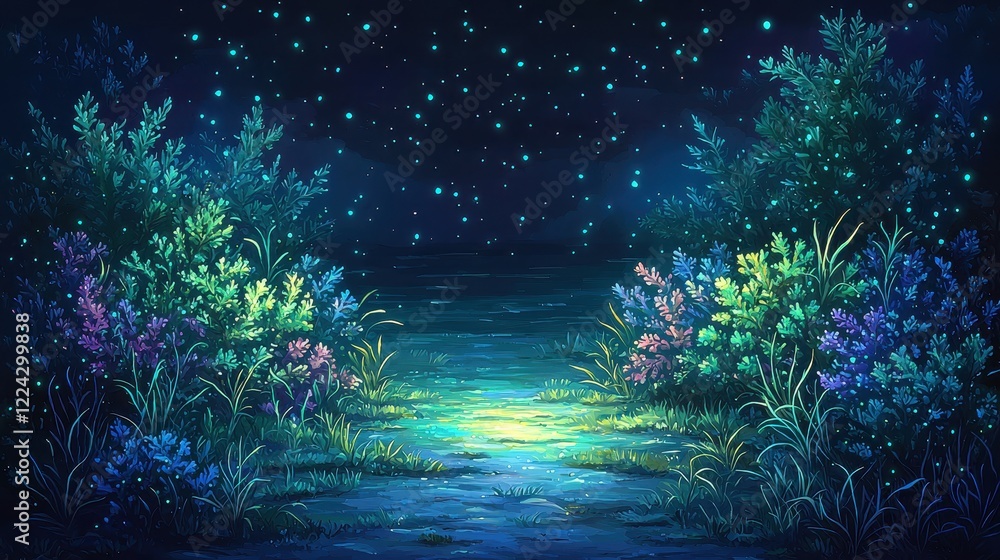 Naklejka premium A glowing bioluminescent reef background with vibrant coral structures and faintly glowing marine plants in shades of blue, green, and purple, set against the dark and tranquil depths of the 