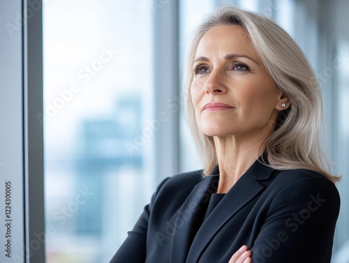Free Download Thoughtful Business Woman Gazing Out of Window in Vibrant Setting - GFXLoad