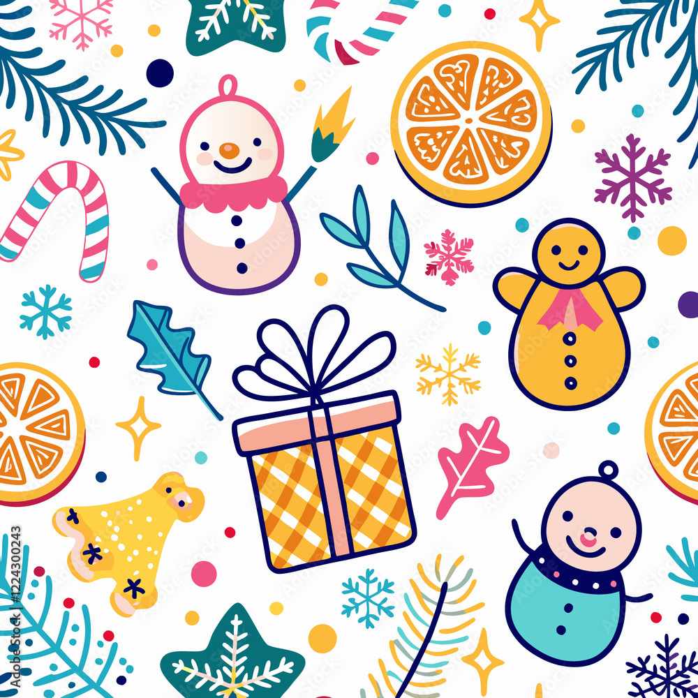 Fototapeta premium Festive Christmas seamless pattern with snowmen, gifts, and candy canes.