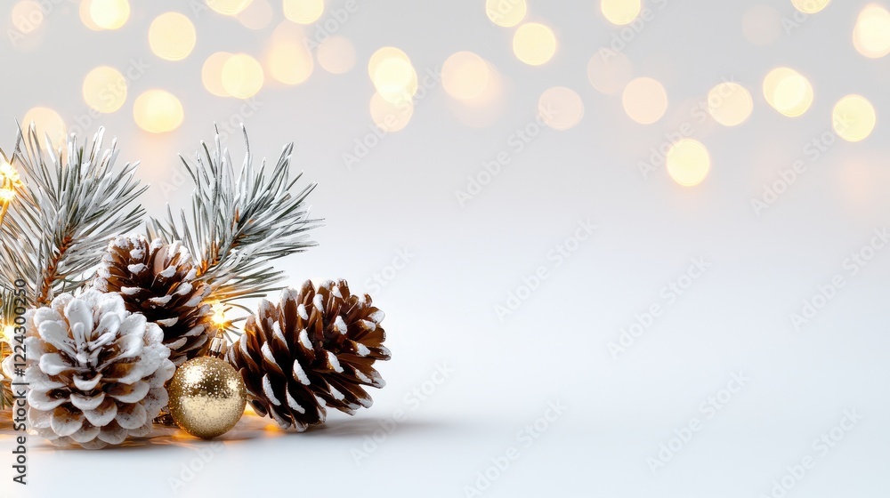 Festive pine cones, ornaments, and lights on white background; holiday greeting card Festive pine cones, ornaments, and lights on white background; holiday greeting card
