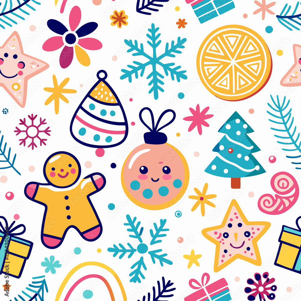 Fototapeta premium Cheerful Christmas seamless pattern with cute ornaments, snowflakes, and gingerbread men.