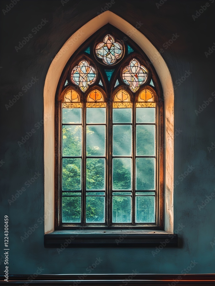 a Gothic-style arched window with stained glass, set in a dark wall. Sunlight streams through it. a Gothic-style arched window with stained glass, set in a dark wall. Sunlight streams through it.