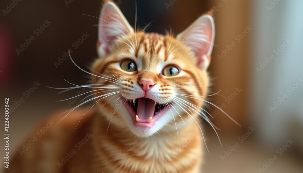 Ginger kitty smiling with a funny expression, Red background complements the pet's features. Ginger kitty smiling with a funny expression, Red background complements the pet's features.