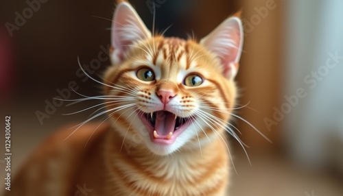 Ginger kitty smiling with a funny expression, Red background complements the pet's features.
